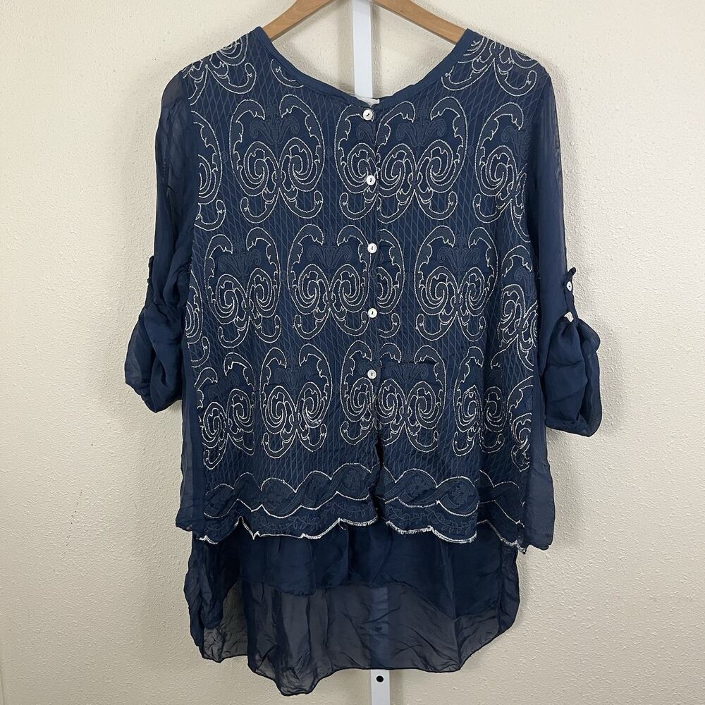 Belle France Embroidered Silk Blend Blouse Women’s Large Layered High Low Boho